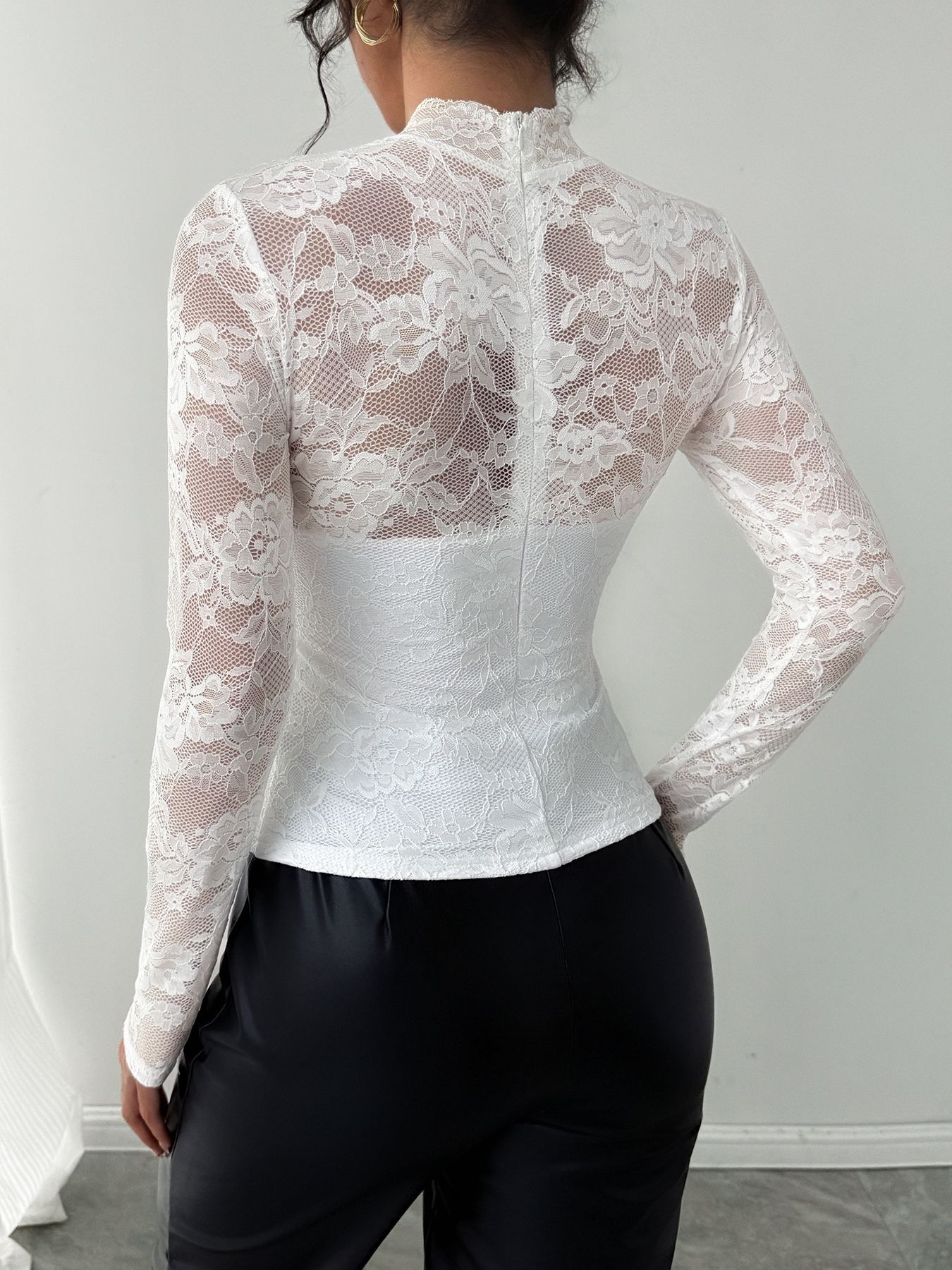Womens Floral Lace Top Sexy See-Through Shirt Female O Neck Basic Blouse